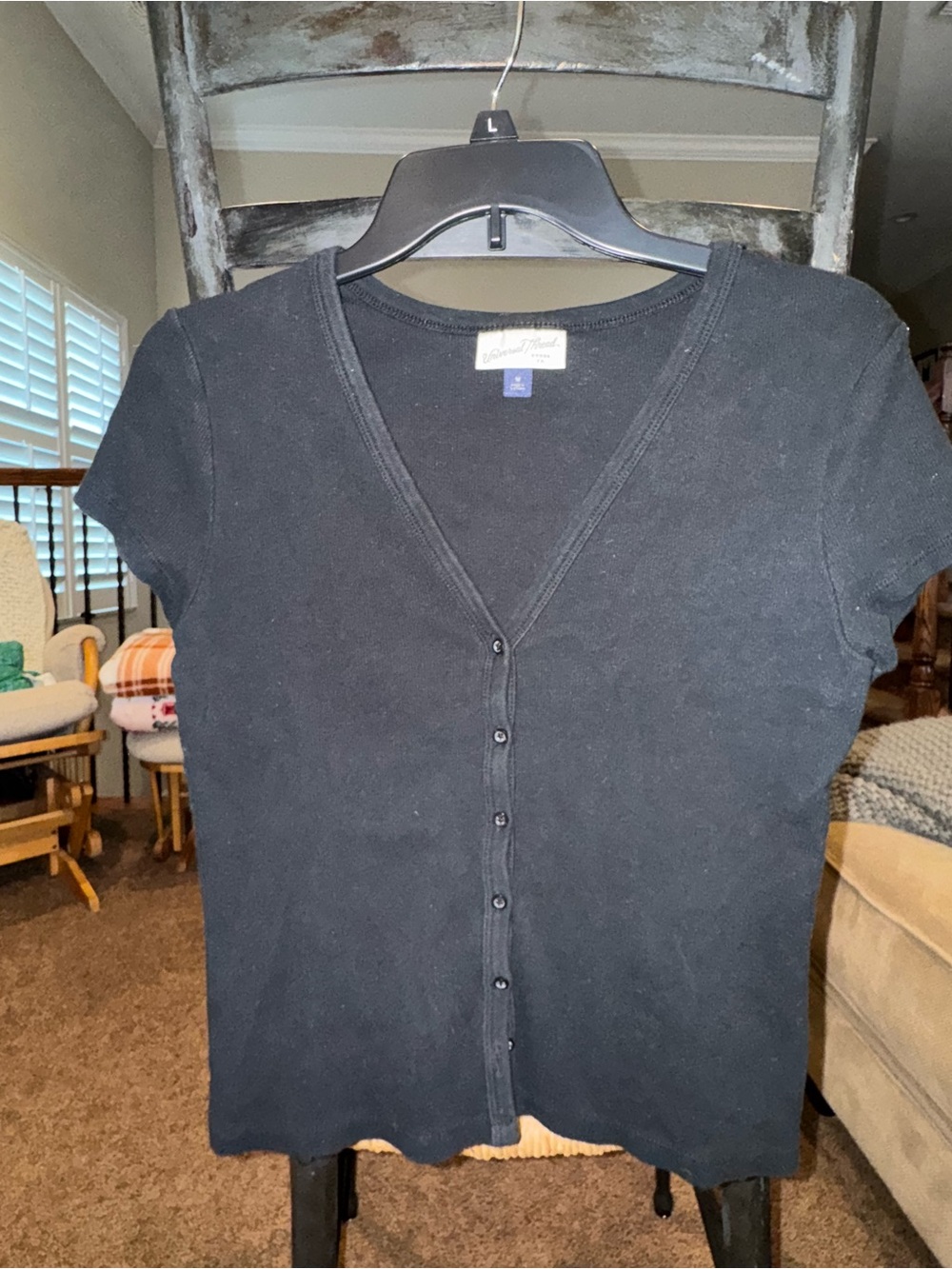 Black Universal Thread Short-Sleeve Button Front Cardigan Short Sleeve Top